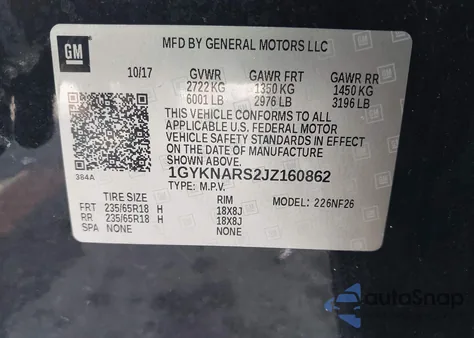 2018 Cadillac Xt5 Standard из США, поврежденный, VIN 1GYKNARS2JZ160862